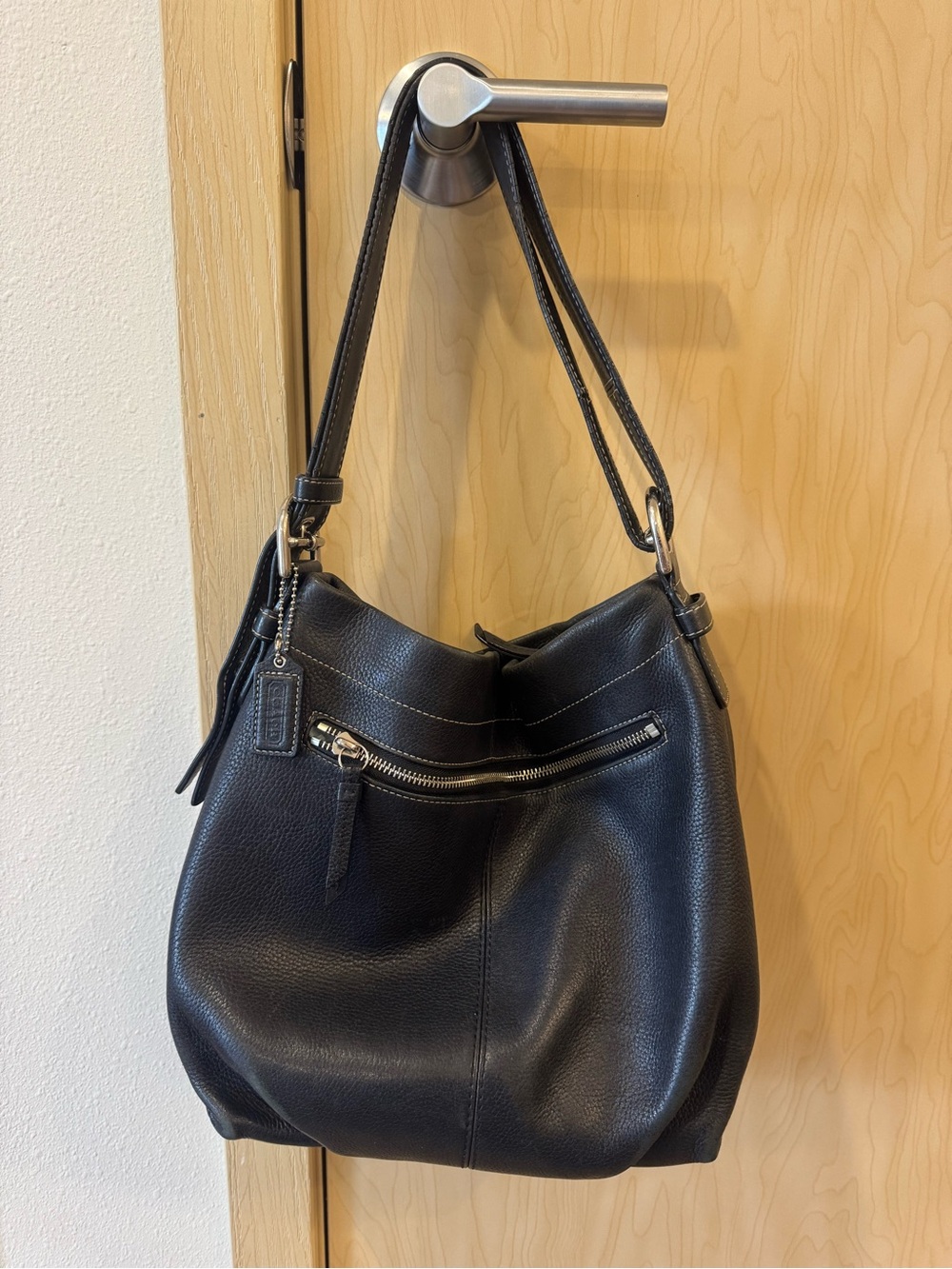 Coach Black Pebbled Leather Shoulder Bag with Front Zip